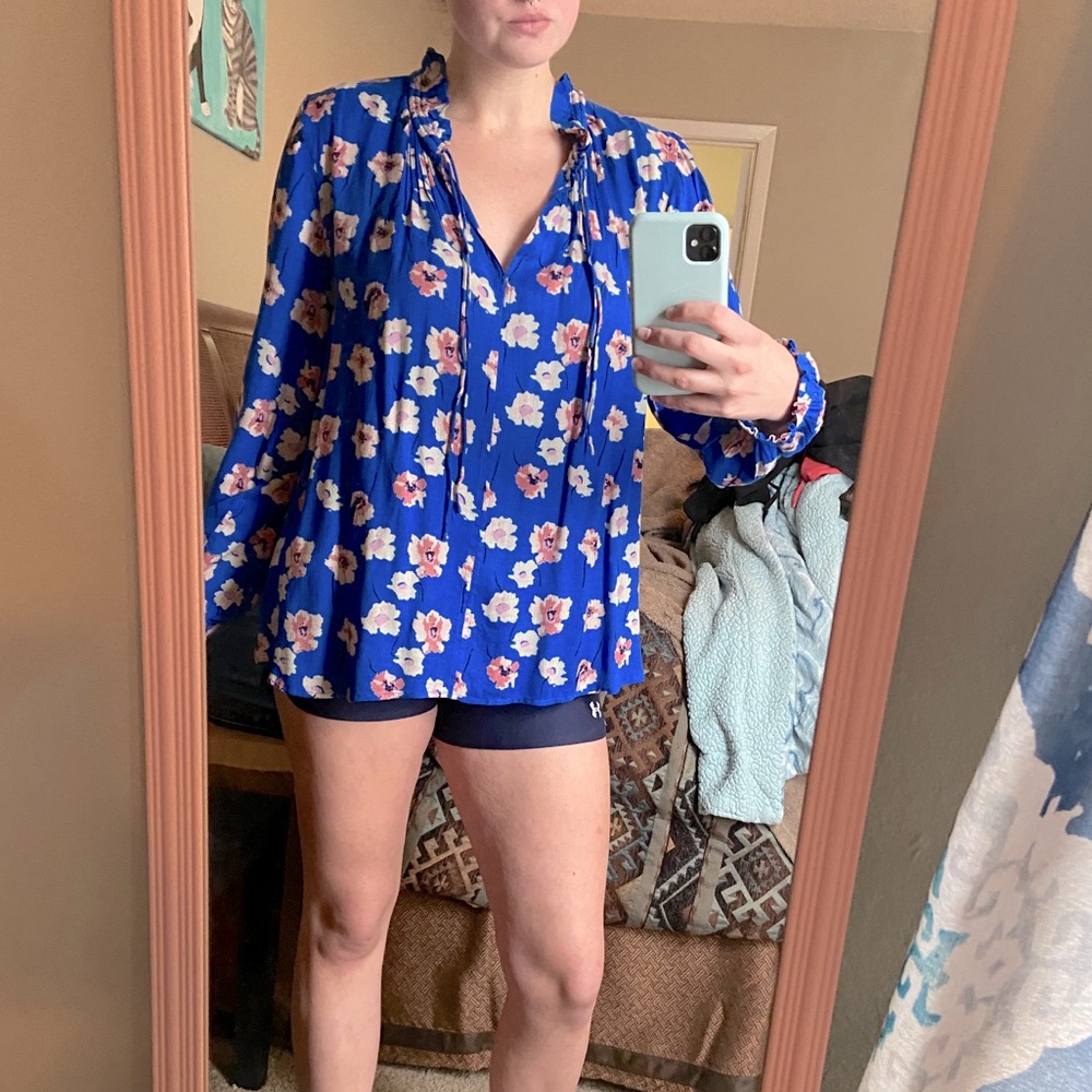 Blue floral Lucky Brand blouse with front tie